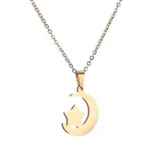 Small And Delicate "Stars Standing On The Moon" Shaped Pendant Chain Necklace