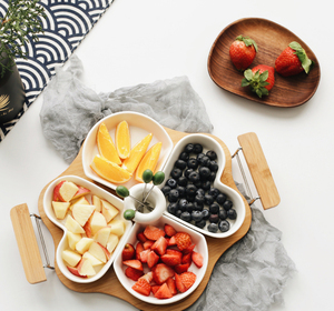 Plateau à fruits en bambou avec poignée, 4 compartiments, <span class=keywords><strong>assiette</strong></span> à Snack en <span class=keywords><strong>bois</strong></span> pour Dessert ou salade, offre spéciale - Product Image 2