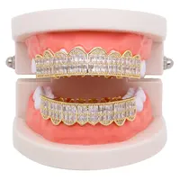 Mister jewelry grillz dentes de ouro 18k, com diamante de baguette, ouro grillz, hip hop