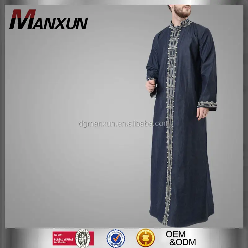 Dubai mens thobe islamico denim ricamato