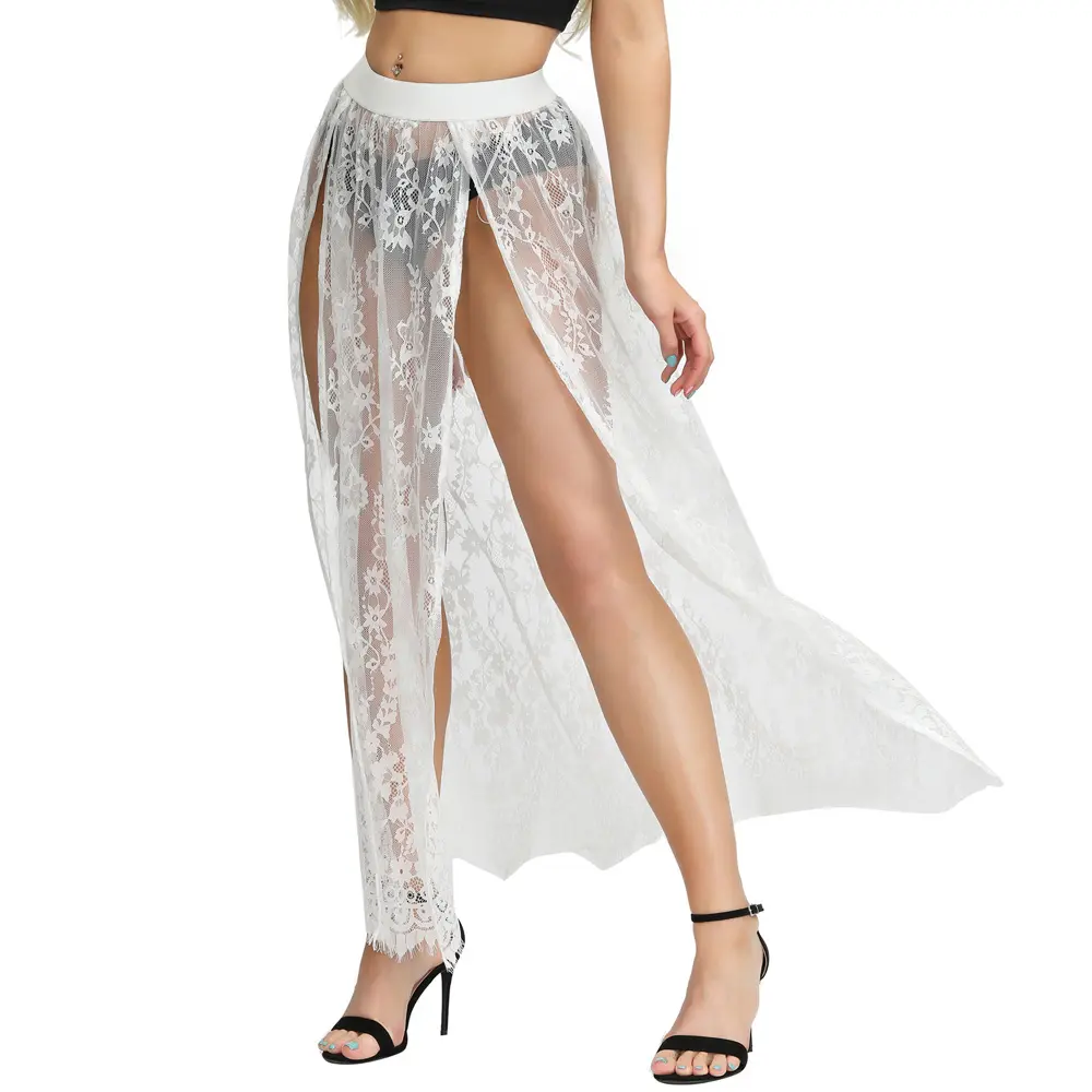 SD Sexy Women's Steampunk Elastic Waist See-Through High Split Lace Maxi Skirt SL000086