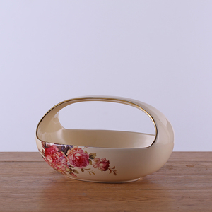 Bol en céramique de couleur crème et or avec poignée, bol à fruits en <span class=keywords><strong>porcelaine</strong></span>, panier à fleurs avec décoration florale - Product Image 2