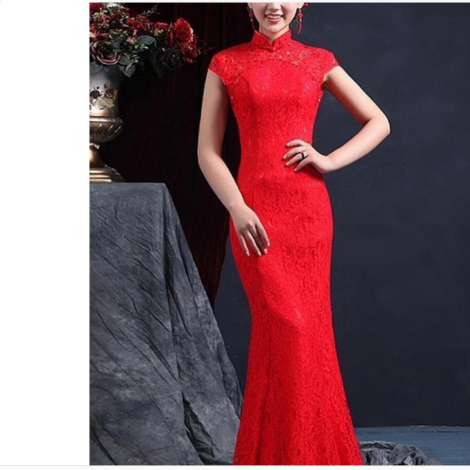 ZH1534X High Neck Sleeveless Chinese Mermaid Cheongsam Wedding Dress Floor Length Zipper Back Red Lace Wedding Dress Bridal Gown