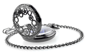 <span class=keywords><strong>Montre</strong></span> de poche mécanique manuelle pour homme, boîtier creux bleu tendance, mouvement analogique, avec longue chaîne, style steampunk, remontage manuel, cadeau - Product Image 6