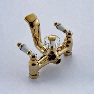 طقم صنبور دش ذهبي فاخر طقم دش نحاسي بمقبض مزدوج مع بورسلين أزرق وأبيض من النحاس الأصفر - Product Image 3