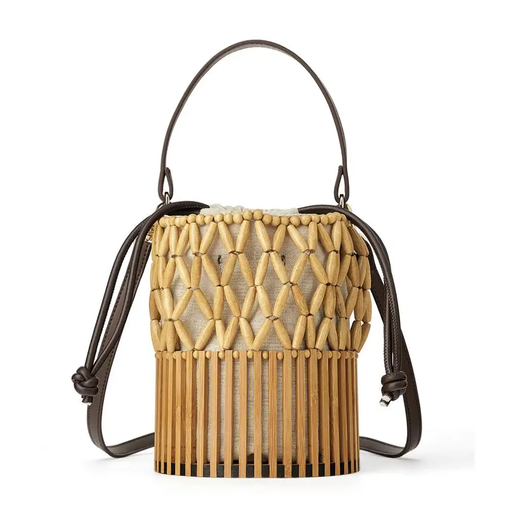 Летняя винтажная плетеная Женская пляжная сумка через плечо из дерева и бамбука