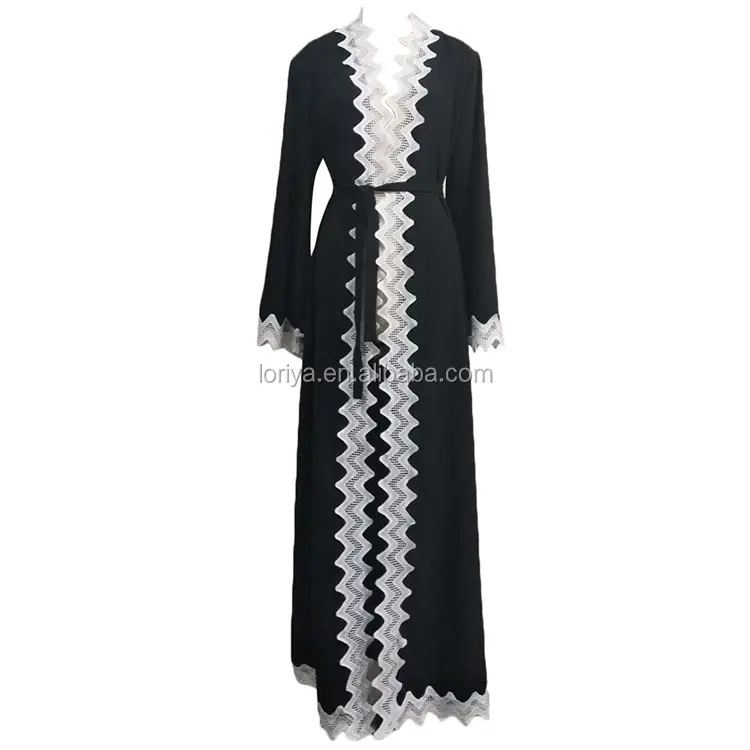 High Quality Solid Color Open Kimono Soft Crepe Lace Muslim Women Long Gown Pakistan Girl Cardigan