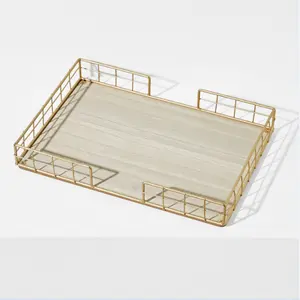 Factory directly nordic ins hot sales gold metal tray with MDF wood for home decor storage