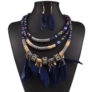 Multicapa de borla de Bohemia collar pendiente de las mujeres étnicas Africana exagerado juegos de joyería (KJ048)