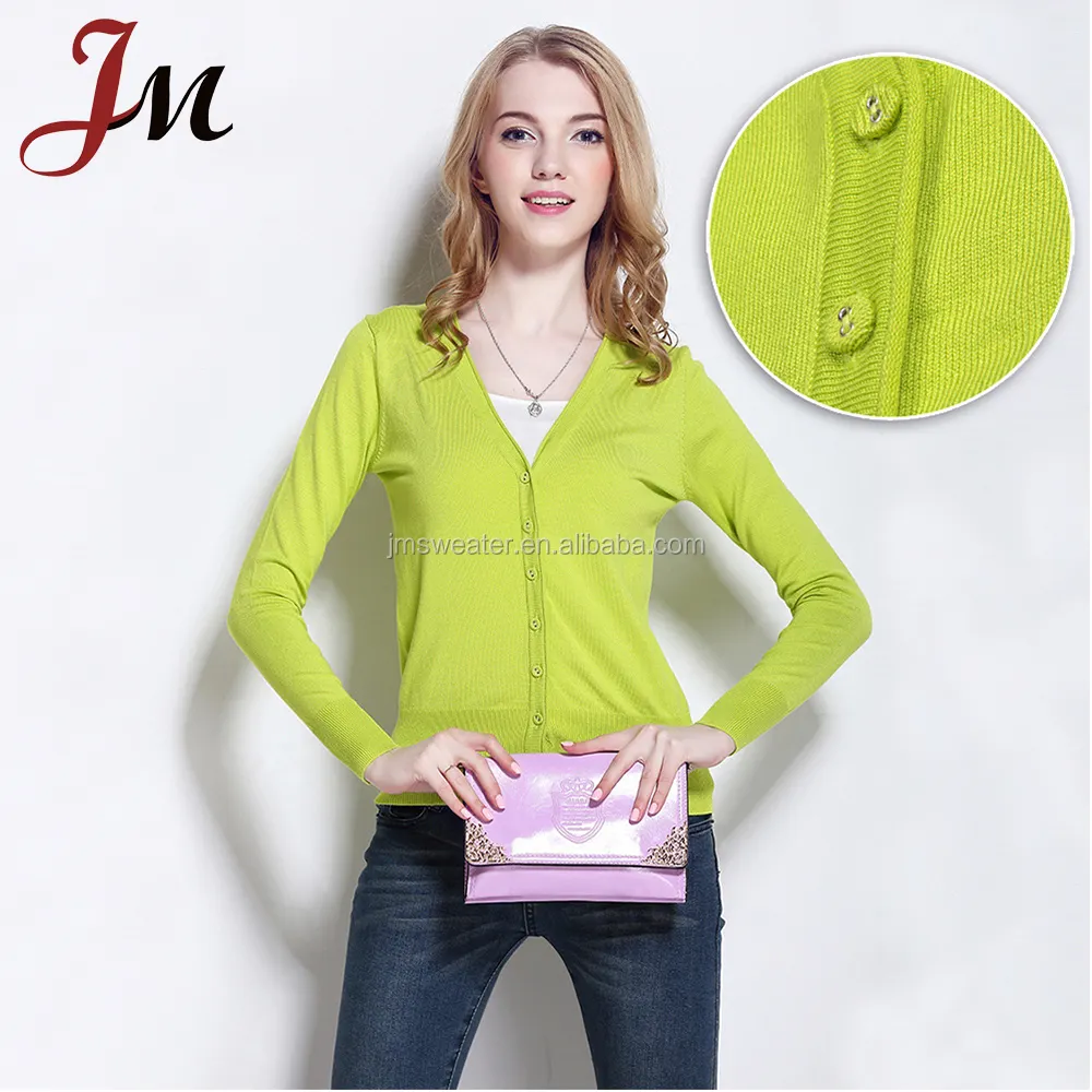 Latest knitted sweater design cheap price plain yellow color women deep v-neck cardigan