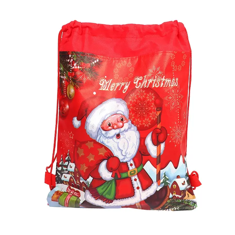 Оптовая продажа, недорогая многоразовая сумка с Санта-Клаусом, персонализированная Нетканая Рождественская Подарочная сумка на шнурке
