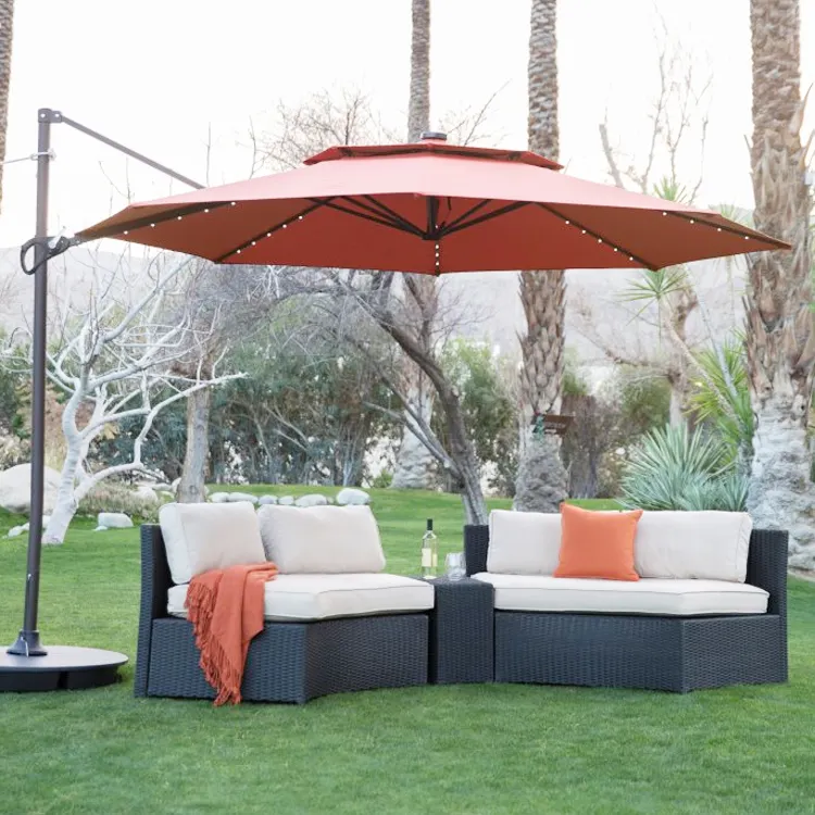 Outdoor Garden Patio Sofas Sunshade 11FT Offset Led Light Umbrella