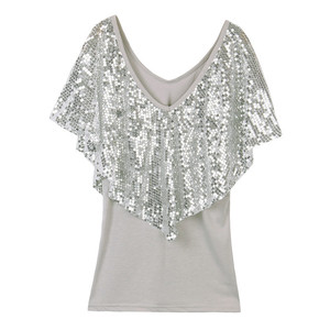 Summer Fashion <strong>Tops</strong> Women Flutter Sleeve V Neck <strong>Sequin</strong> Blouse Casual Solid Breathable Shirts - Product Image 4