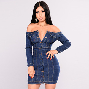 <span class=keywords><strong>Robe</strong></span> <span class=keywords><strong>en</strong></span> Denim à manches longues, tenue Sexy, pour femmes, avec boutons, épaules dénudées, mode - Product Image 5