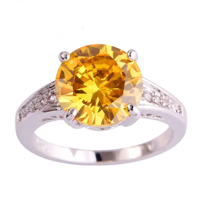 SJAE012 SJ Customize Yellow Stone Ring Brass White Gold Plated Brilliant Citrine Radiant Imitation Diamond Engagement Ring