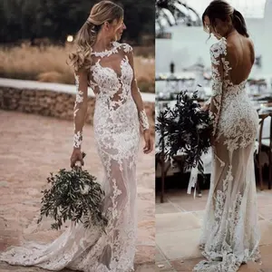 Vestido de novia transparente de manga larga de sirena paquistaní