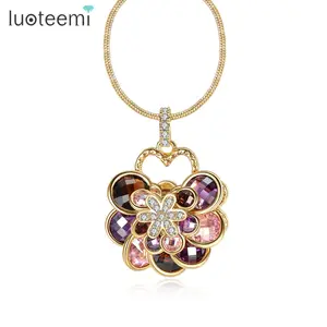 LUOTEEMI New Luxurious Champagne Gold-Color Multicolor Zircon Big Flower Pendant Necklace for Women