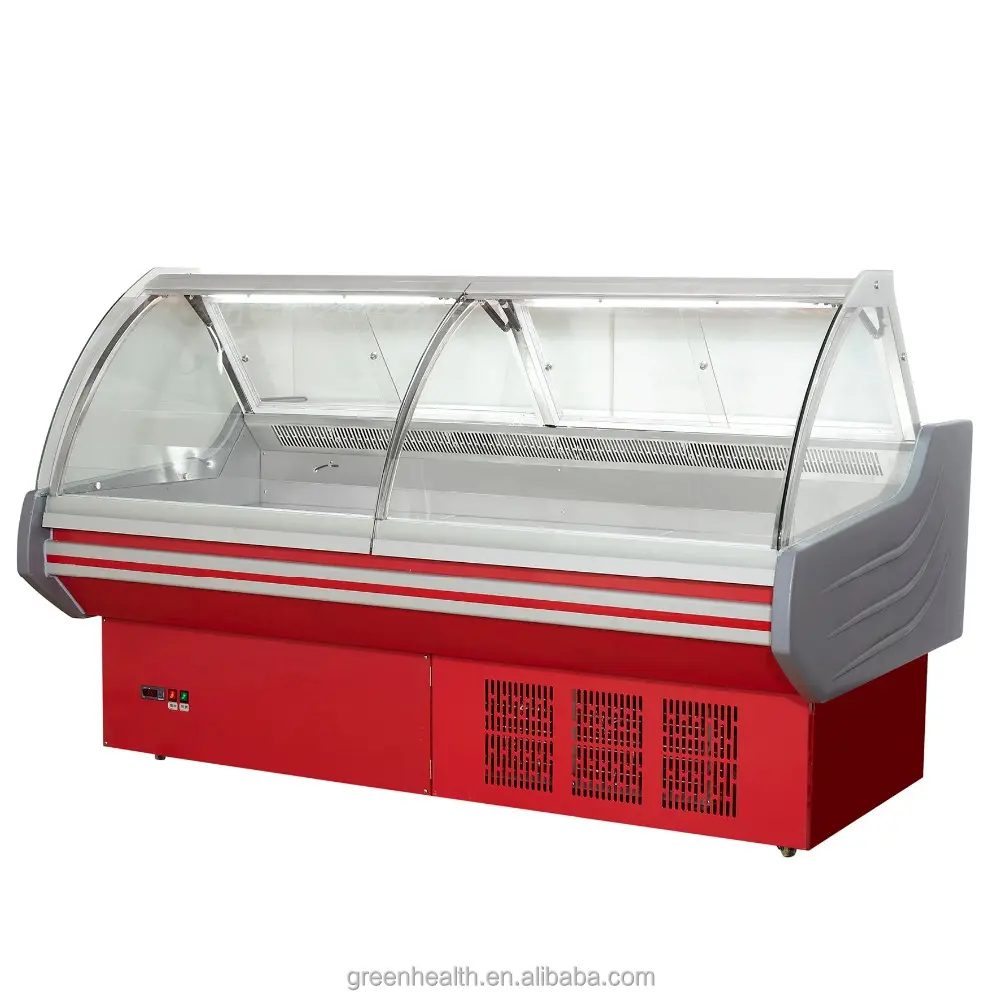 Green&health Supermarket Butcher Equipment Seafood Display Case Commercial Curved Glass Ice Cream Customized Painted Steel 35-65