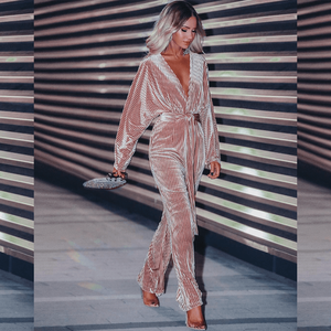 A2701 OEM velluto 2024 alta qualità profondo scollo a V con cintura di celebrità donna manica lunga lusso Sexy plissettato <span class=keywords><strong>tuta</strong></span> lunga allentata - Product Image 4