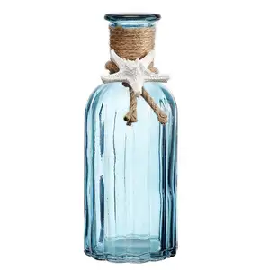 Vase à fleurs bleu clair avec bourgeon, 1 pièce, avec corde de Jute, bouteille en verre motif étoile de mer avec Design côtelé, de 7.5 pouces de long, pour décoration intérieure et réception de mariage