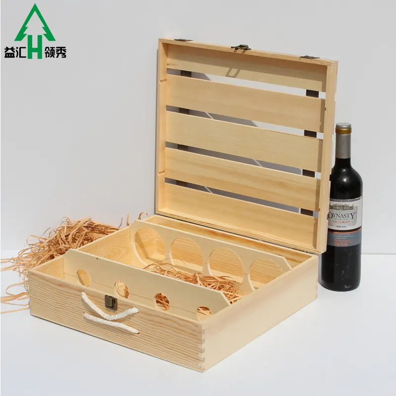 カスタム手作り4ボトル木製ワインギフトボックスワイン用ヒンジ付きボックス