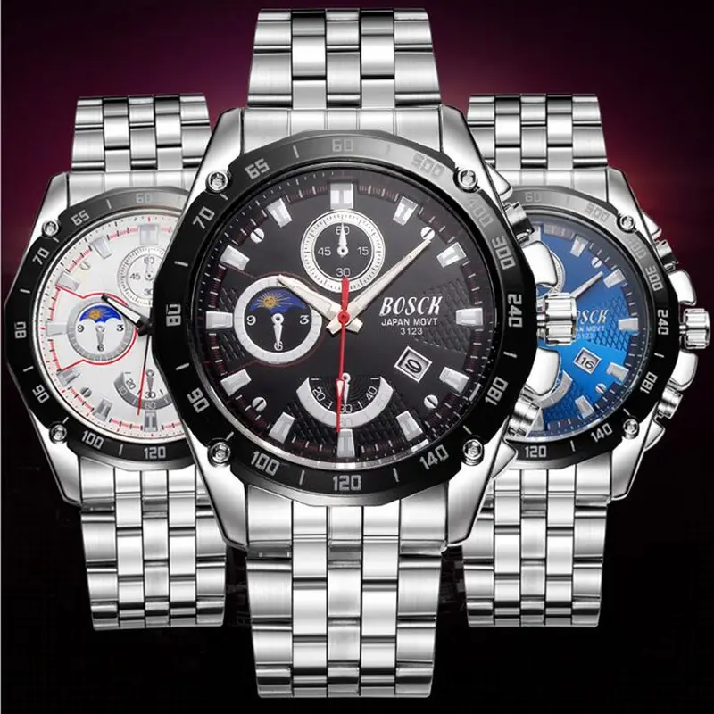 BOSCK Brand Luxury 3123 full stainless steel Watch Men Business Casual quartz Watches Wristwatch waterproof Relogio