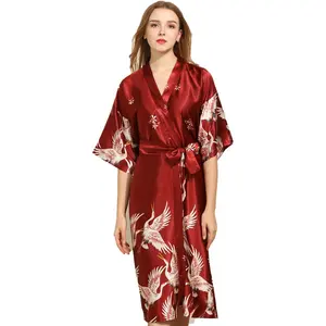 Wholesale Bridesmaid Robe Simulation Silk Crane Pattern Gown For Wedding Chinese Silk Evening Dressing Gowns For Women