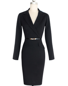 Abito da Ufficio Elegante per Donne, Stile OL, Snellente, a Matita, Maniche Lunghe, Scollo a V <span class=keywords><strong>con</strong></span> Cintura - Product Image 4