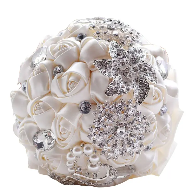 Hand Made Silk Ivory Rose Rhinestone Pearls Wedding Bouquets Customization Bridal Holding Artificial Flowers