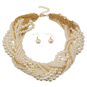 Hot Sale Braut schmuck Set Frauen Hochzeit Multilayer Braid Pearl Ohrringe und Halskette Set