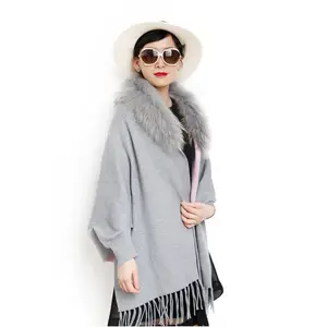 Winter Two Colors Sides Lady Tassel Fur Long Shrug With Raccoon Fur Collar