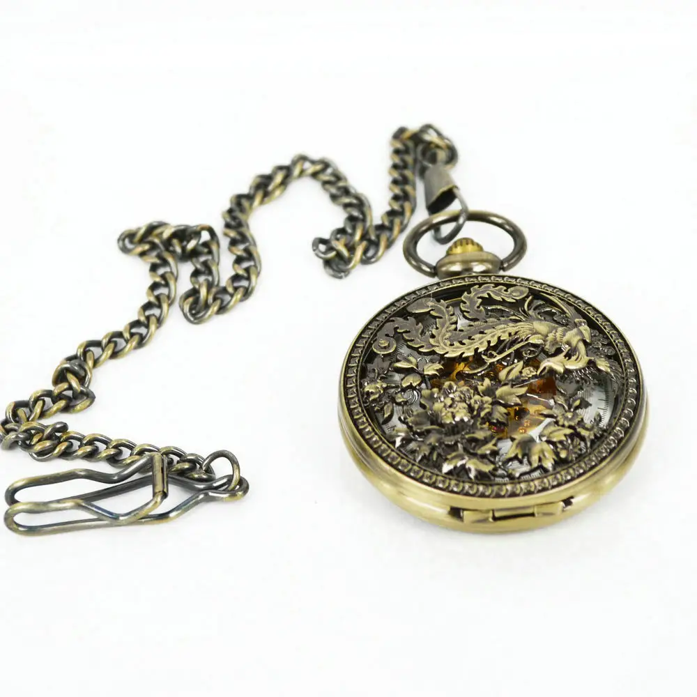 2019 Vintage Empty Bronze Lucky Phoenix Mechanical Hand Winding Skeleton Pocket Watch