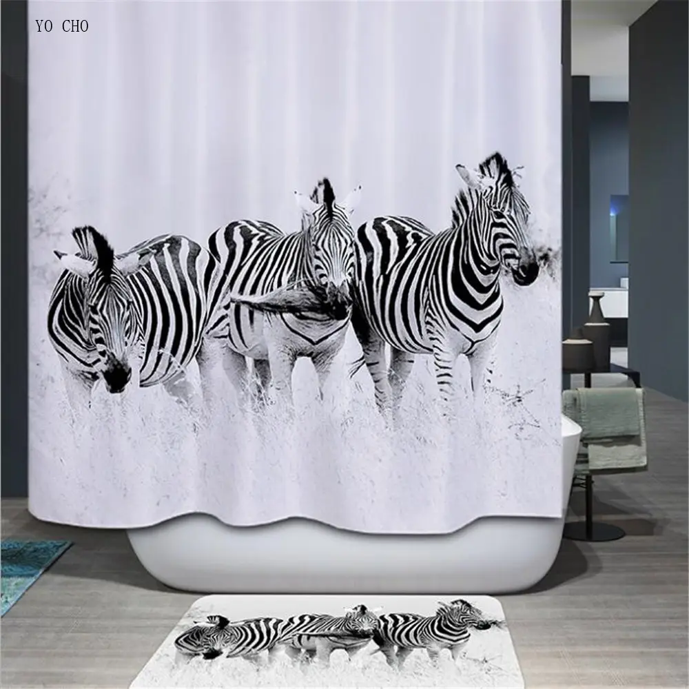 Les zèbres noir et blanc Tissu rideau de douche Set de salle de bains Accessoires Liner Crochet