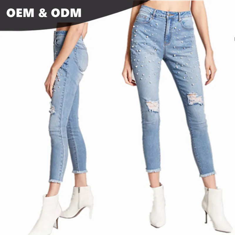 OEM оптовая продажа, китайский бренд, новая модель джинсов, стиль Пент, женские узкие джинсы с искусственным жемчугом 022