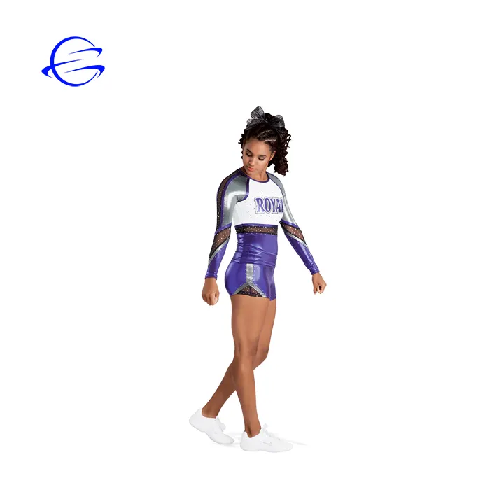 Hoge Kwaliteit Custom Sexy Mesh Jeugd Gril Lange Mouwen Sublimatie Cheerleading Uniformen Steentjes Jurk