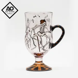 9.5 once elegante Irish tazza di caffè con dipinta a mano di Halloween scheletro di progettazione, il giorno della morte di vetro, vetro per il regalo di halloween
