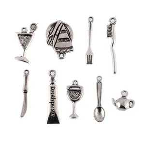 Mix Kitchen Charms Silver Tone Cutlery Fork Spoon and Knife on Jump Ring Charm for jewelry making