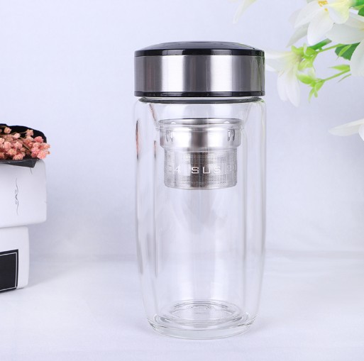 Double Wall Glass Tea Tumbler With Strainer For Loose Leaf Insulated Travel Coffee Mug