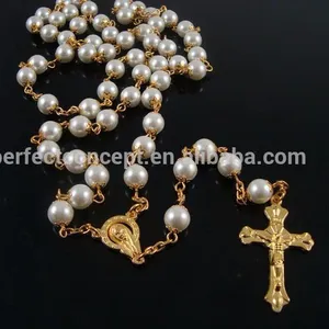 Collar cruzado de la Virgen María, joyería ostentosa, cuentas doradas rellenas de rosario