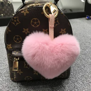 Rabbit plush faux fur heart ball colorful heart love keychain fur ball 10cm heart shaped pompom keychain