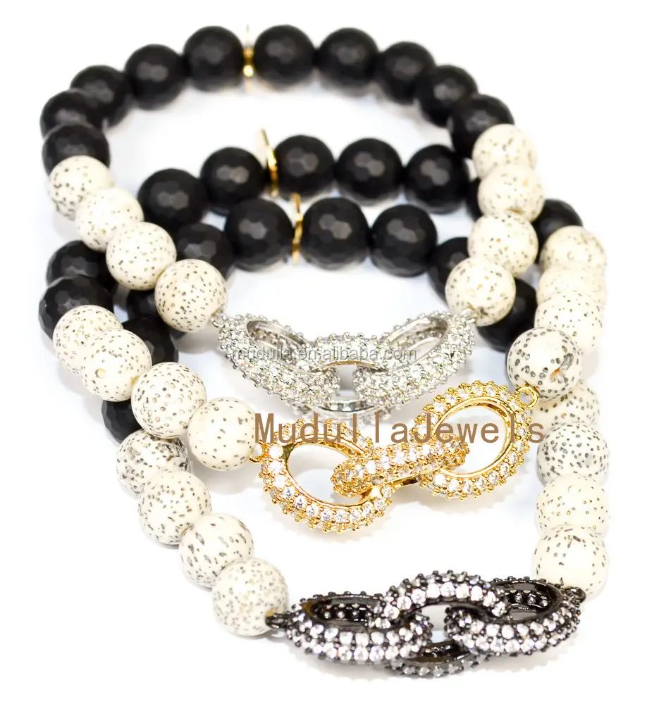 BM25210 Cubic Zirconia Pave Loose Beads Black Agate Matte Bodhi Charms Bracelet