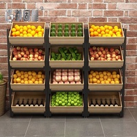 Supermarktspecifieke enkelzijdige fruit- en groenteplank, ijzer-hout gecombineerde meerlaagse fruit- en groente displayplank
