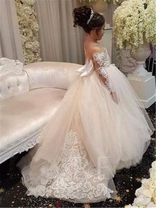 Morili Puffy big size appliqued lace ball gown Sheer Neck maniche lunghe Appliques kids wedding flower girl dresses MFA295 - Product Image 2