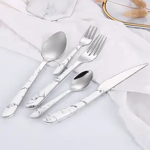 Juego de cubiertos de viaje para boda, Set de Cubiertos de diseño de mármol de alta calidad, de acero inoxidable, tenedor, cuchara, cuchillo, mango de plástico