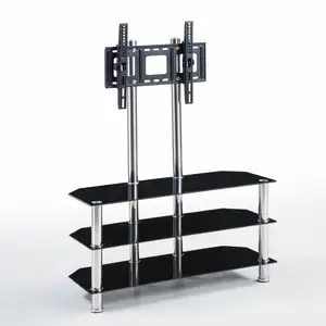 Nero temperato Moderna di Vetro TV Stand con Tre Ripiani LCD A Parete di Design In Metallo