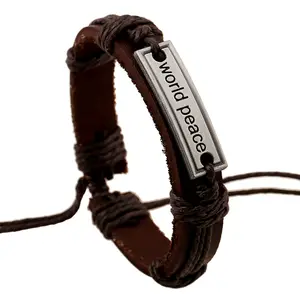 fashion creative charm wristband dog tags cowhide hemp world peace bracelet leather wax rope braided bracelet present