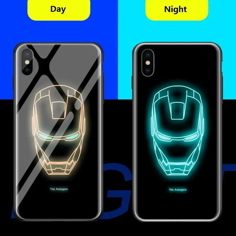 कस्टम आयरन मैन रात को प्रकाश मामले के लिए चमकदार टेम्पर्ड ग्लास फोन के मामले में iphone x/xs/xr/xs अधिकतम