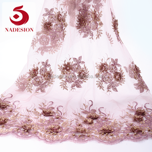 100% poliéster 3D hermoso bordado encaje/<span class=keywords><strong>3</strong></span> D flor Malla tela neta del cordón del melocotón pálido color - Product Image 4