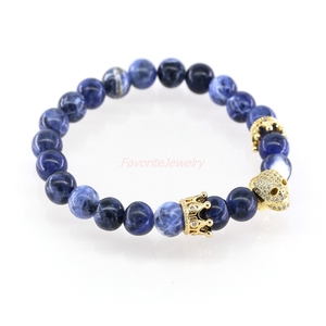 <span class=keywords><strong>Moda</strong></span> personalizada 18 K oro chapado micro Pace CZ cráneo y corona pulsera, piedra natural hombres pulsera - Product Image 4