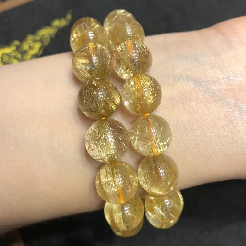 Натуральный самодельный желтый духовный браслет из бисера, золотой рутилированный кристалл, кварцевый браслет, 12 мм